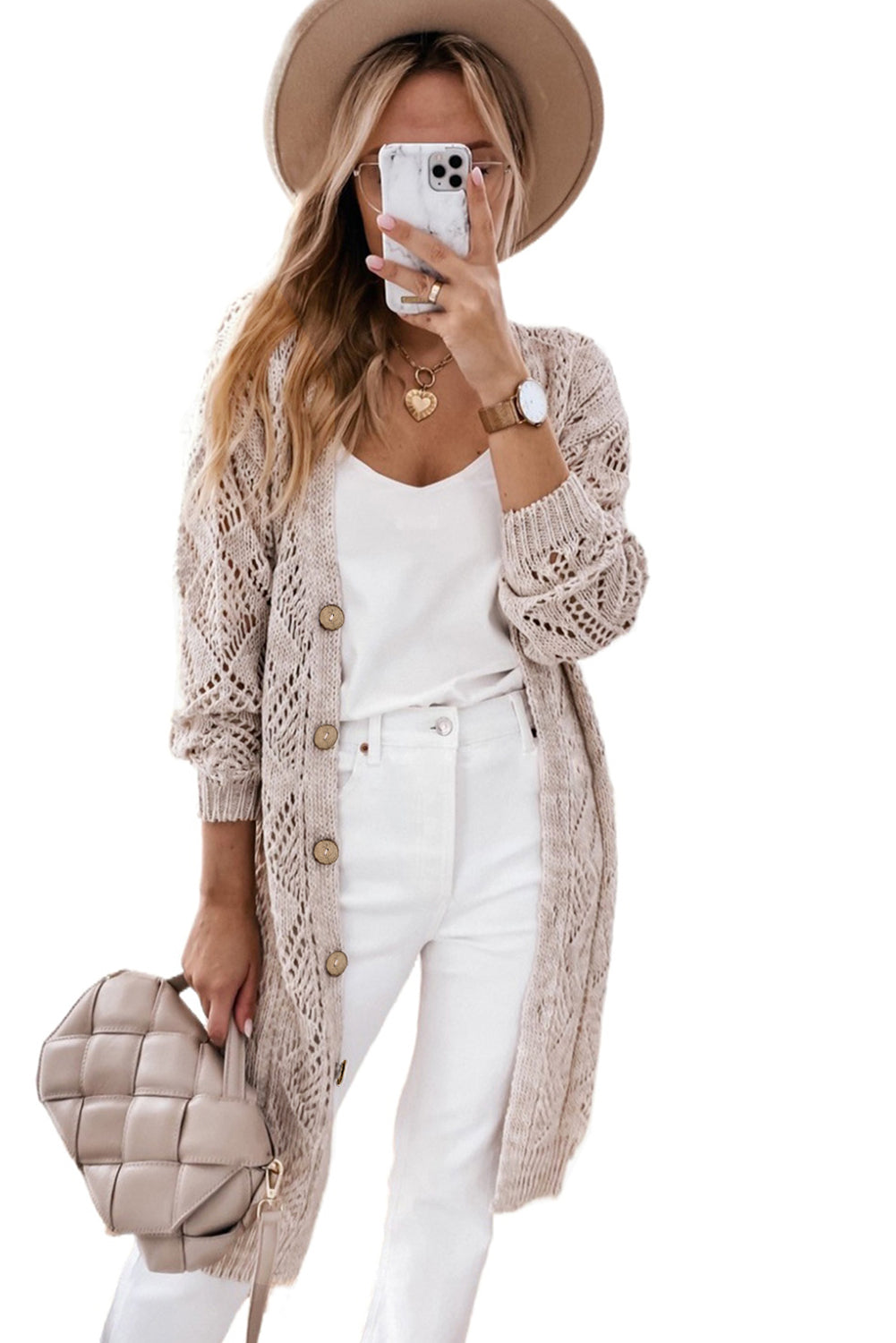 Khaki Openwork Knit Long Cardigan