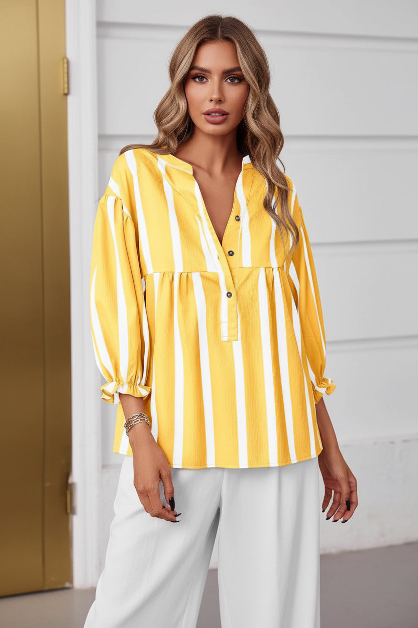 Women’s Striped Puff Sleeve Blouse – Loose Fit 3/4 Sleeve Half Button Top CJ Dropshipping Wide Vertical Stripe 3/4 Sleeve Shirt