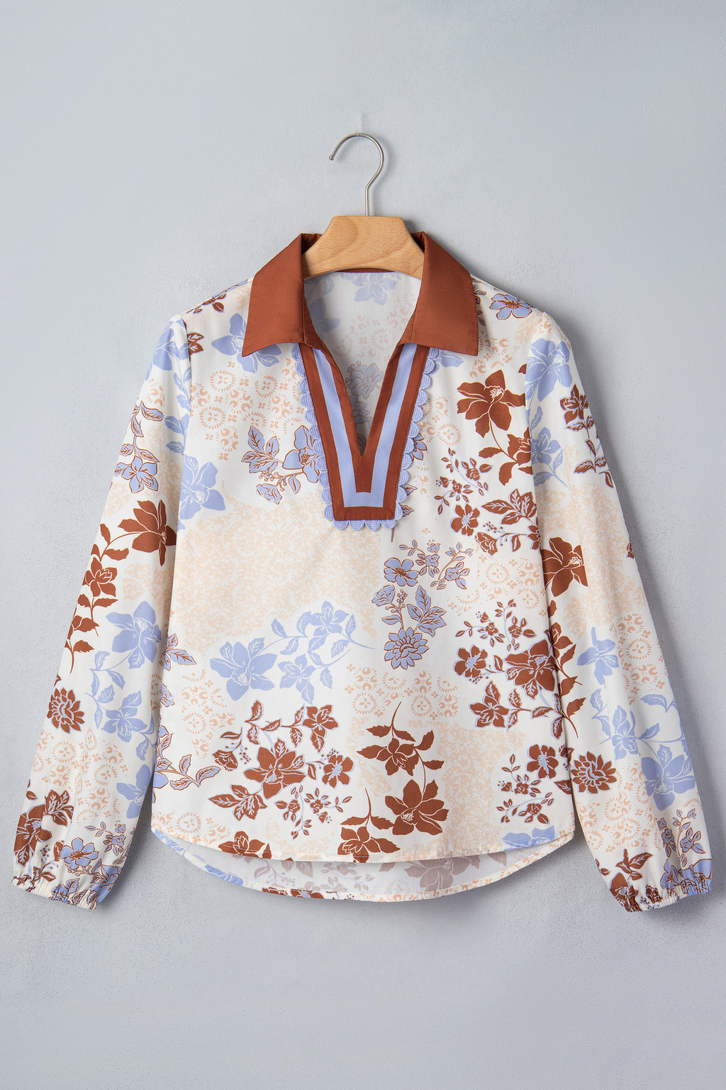 Blue & Brown Floral Collared Colorblock V Neck Long Sleeve Blouse