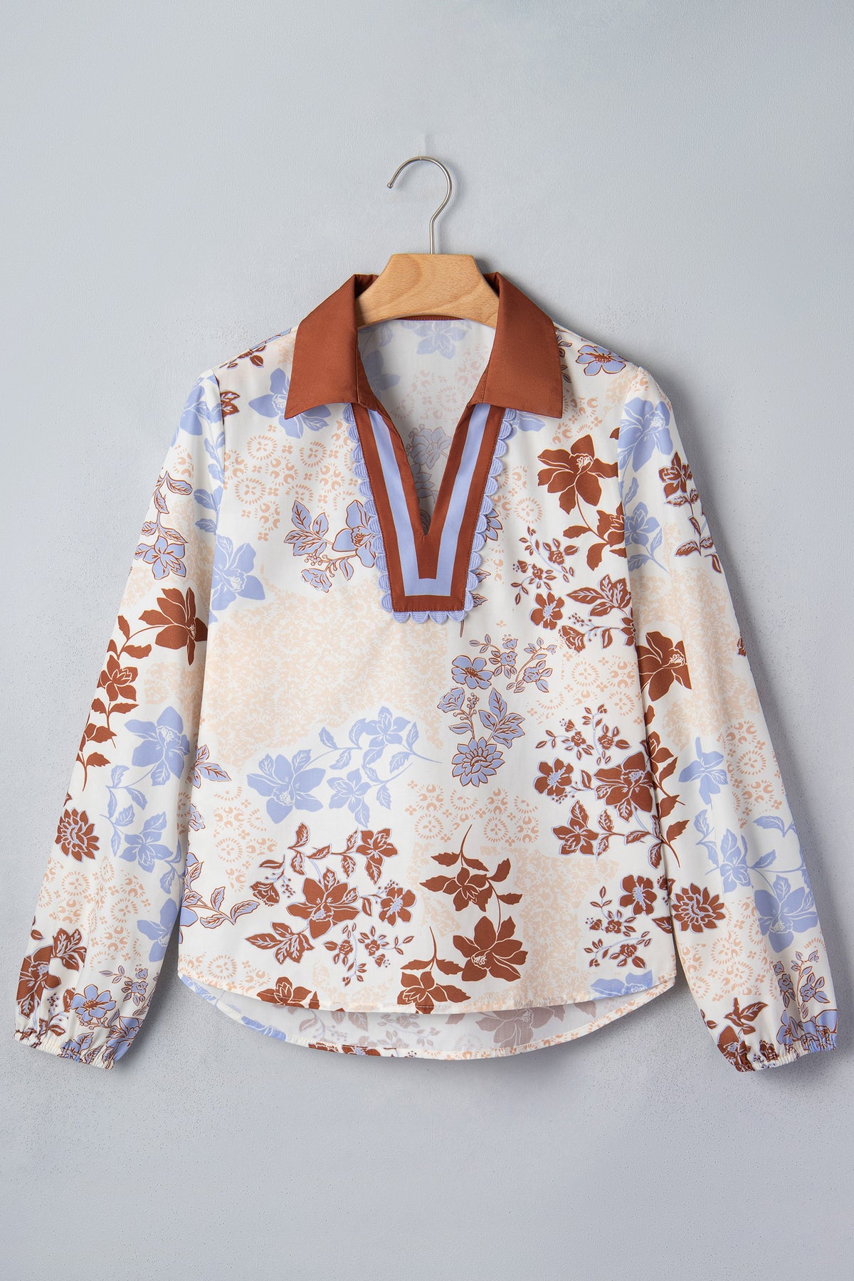 Blue & Brown Floral Collared Colorblock V Neck Long Sleeve Blouse