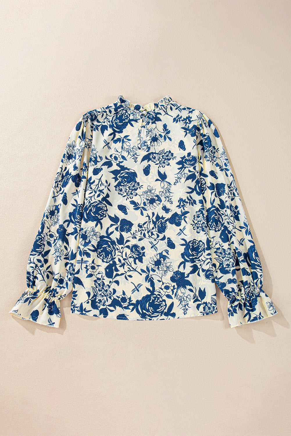Retro Blue Floral Long Puff Sleeve Keyhole Back Blouse