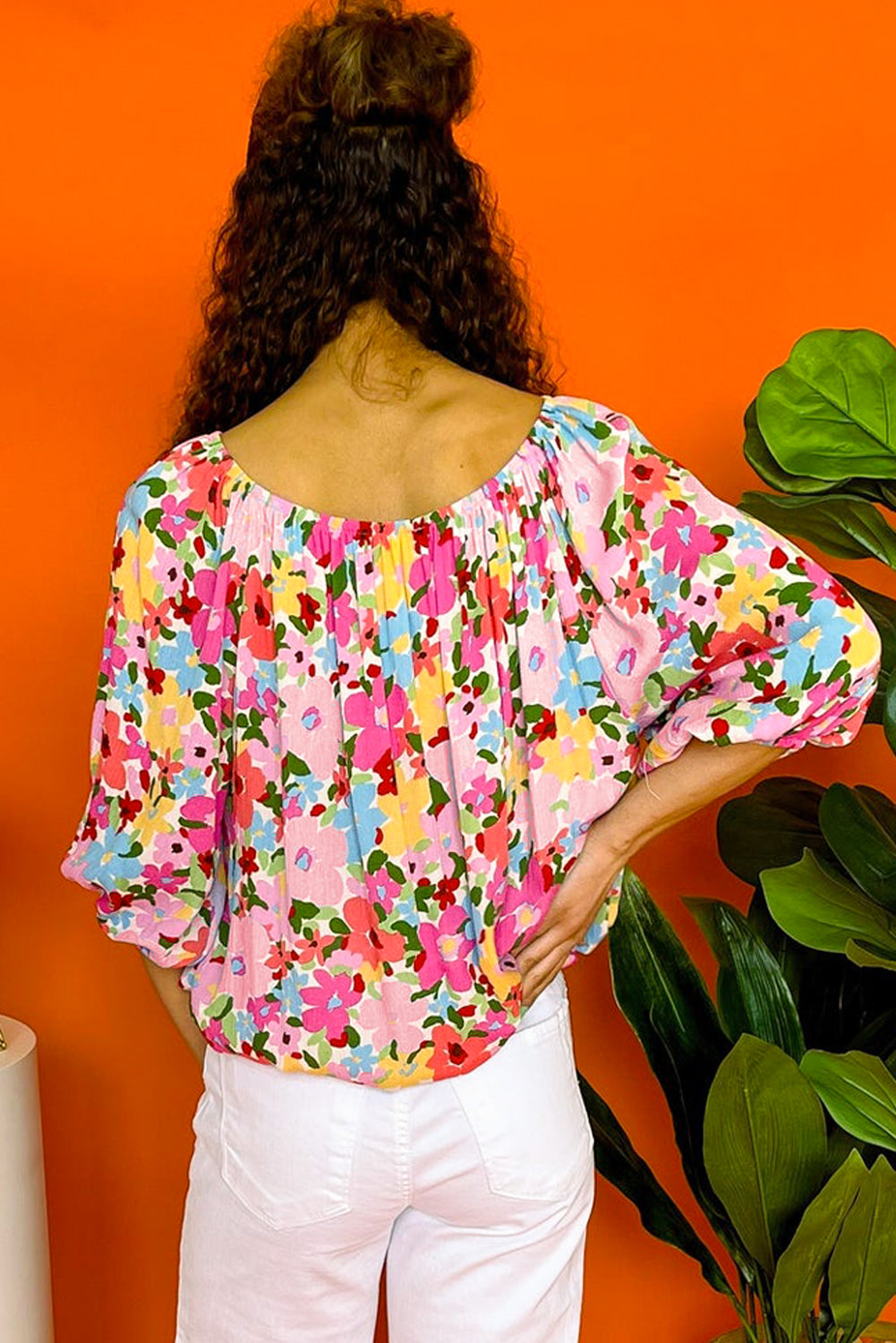 Bright Floral Puff Half Sleeve Pleated Elastic Neck Blouse