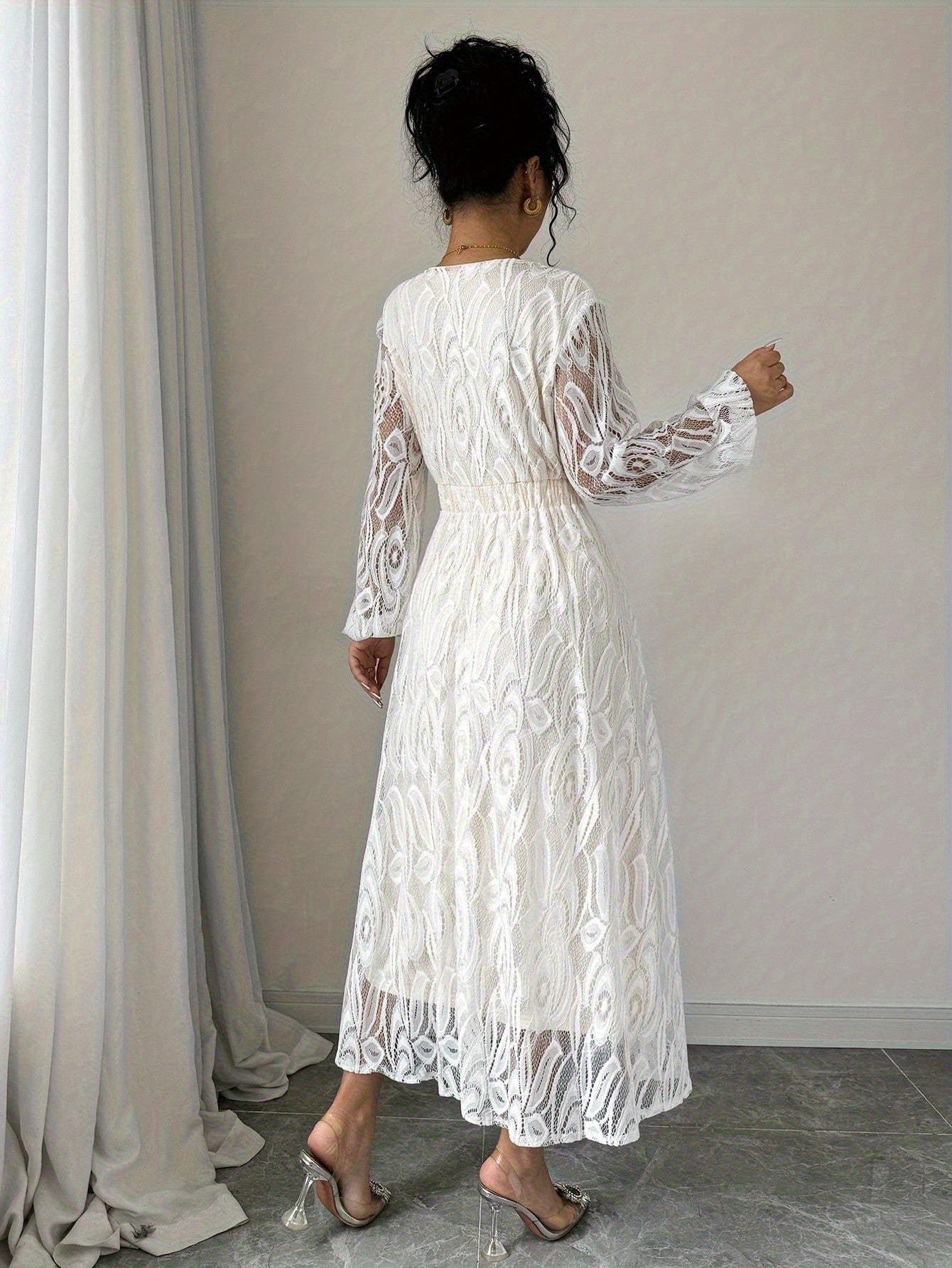 Elegant Long Sleeve V-Neck Lace Peplum Dress