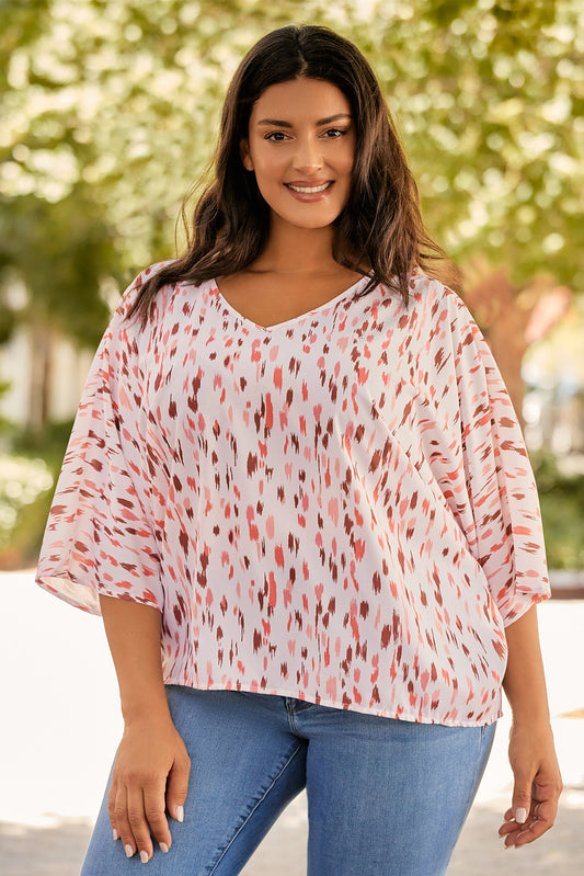 Pink & White Print 3/4 Dolman Sleeve Plus Size Blouse