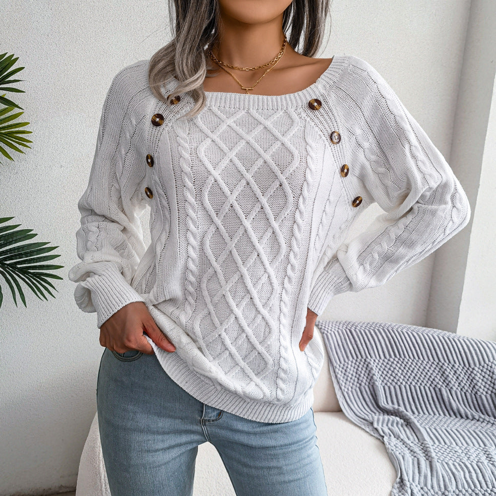 Boat Neck Button Embellished Twist Knit Sweater