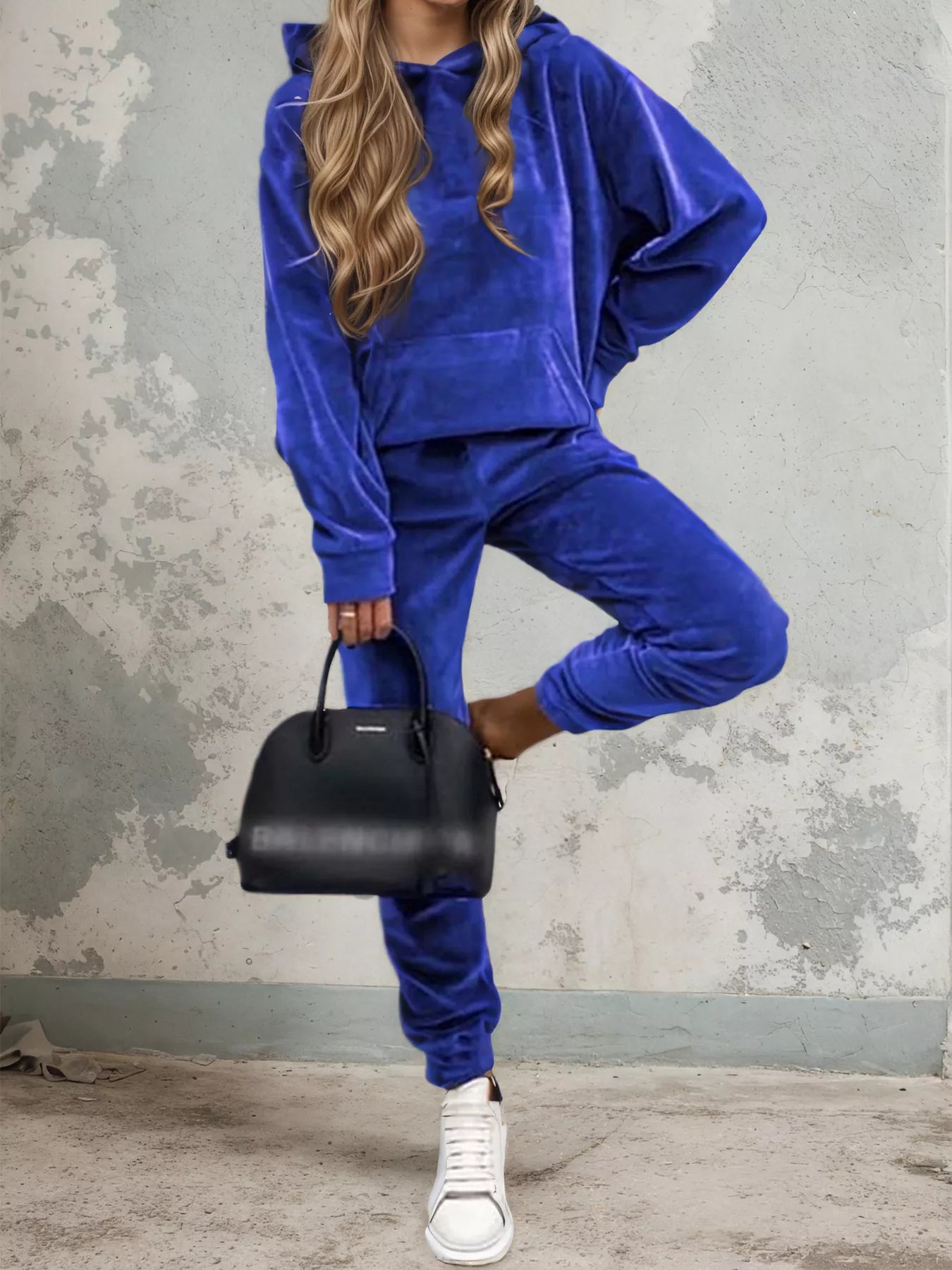 Velvet Long Sleeve Hoodie and Pants Set Blue Bazaare Mart Velvet Long Sleeve Hoodie and Pants Set