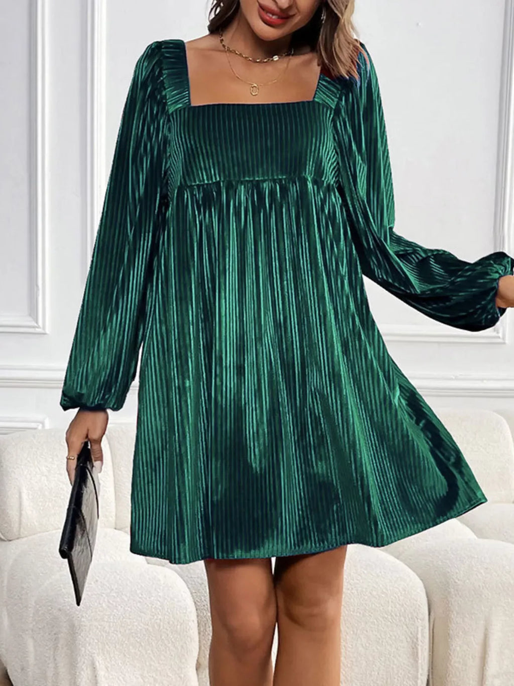 Textured Velvet Square Neck Long Sleeve Dress Bazaare Mart Long Sleeve Square Neck Velvet Dress