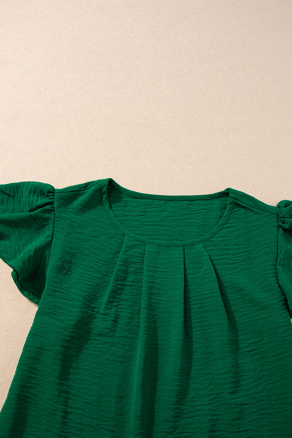 Dark Green Pleated Flutter Sleeve Blouse