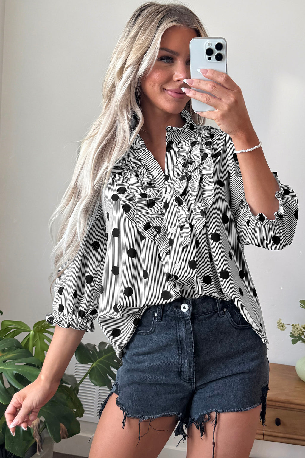 Polka Dot Striped Print Ruffle Stand Up Neck 3/4 Sleeve Shift Shirt