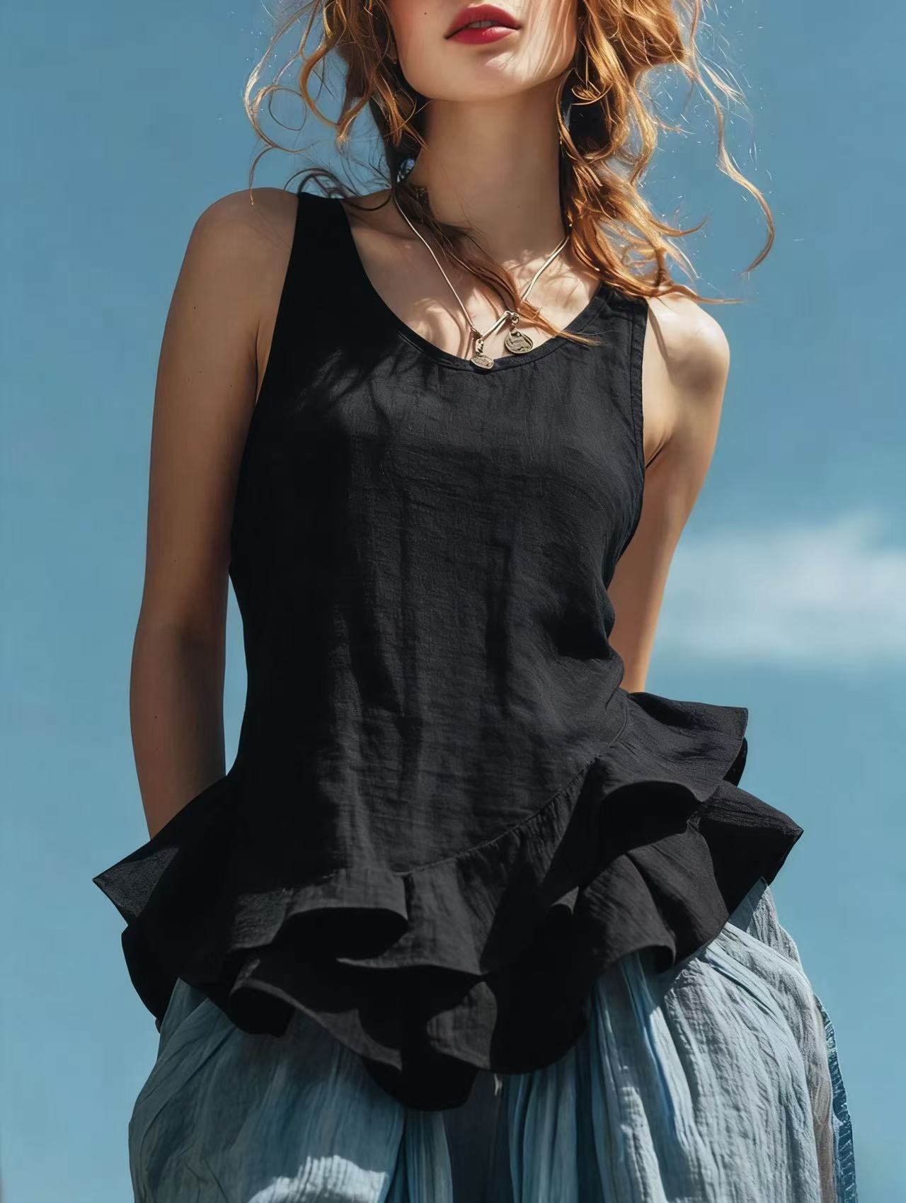 Women’s Sleeveless Ruffle Hem Top – Casual Fashion Tank Blouse Black CJ Dropshipping Sleeveless Ruffled Top