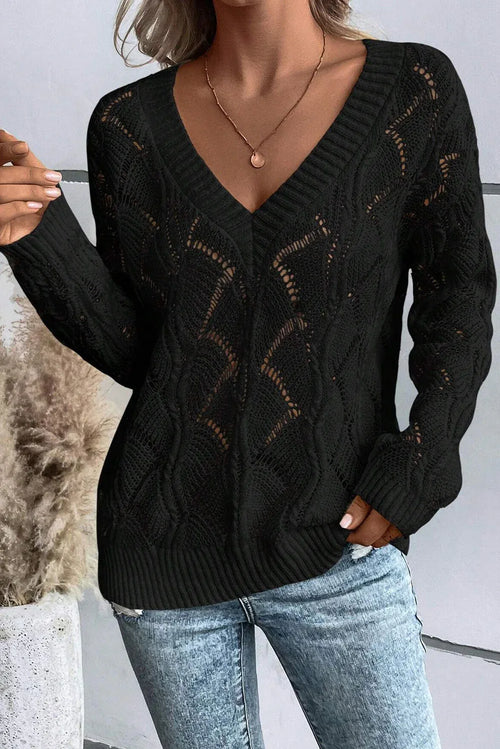 Black Hollow Out Knit V Neck Drop Shoulder Sweater Bazaare Mart Sweaters & Cardigans/Sweaters