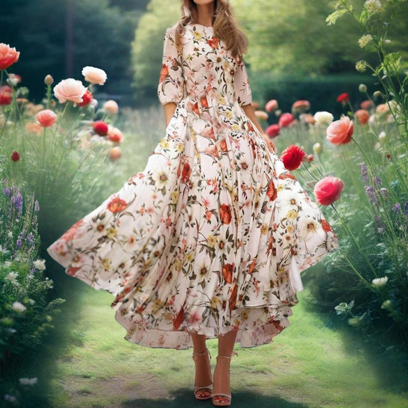 Elegant White with Red Floral Half Sleeve Midi Dress