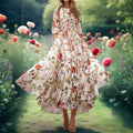 Elegant White with Red Floral Half Sleeve Midi Dress White Bazaare Mart Floral Flowy Maxi Dress