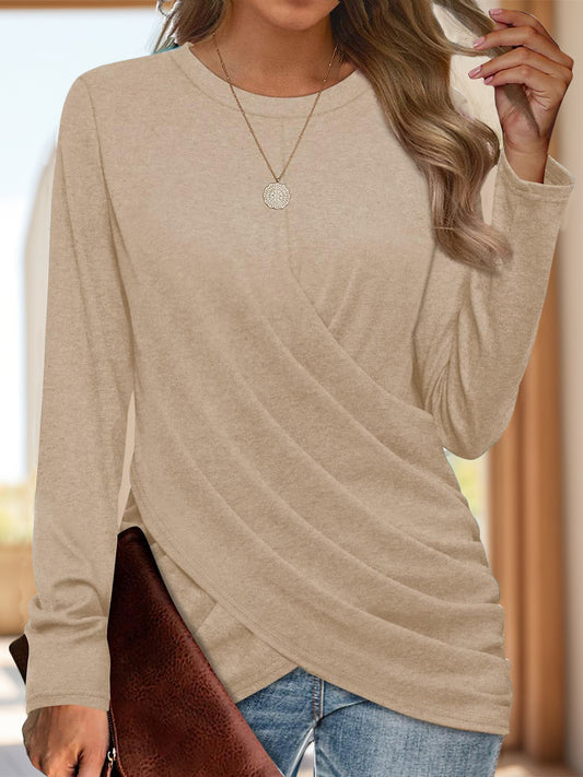 Tan Ruched Round Neck Long Sleeve T-Shirt