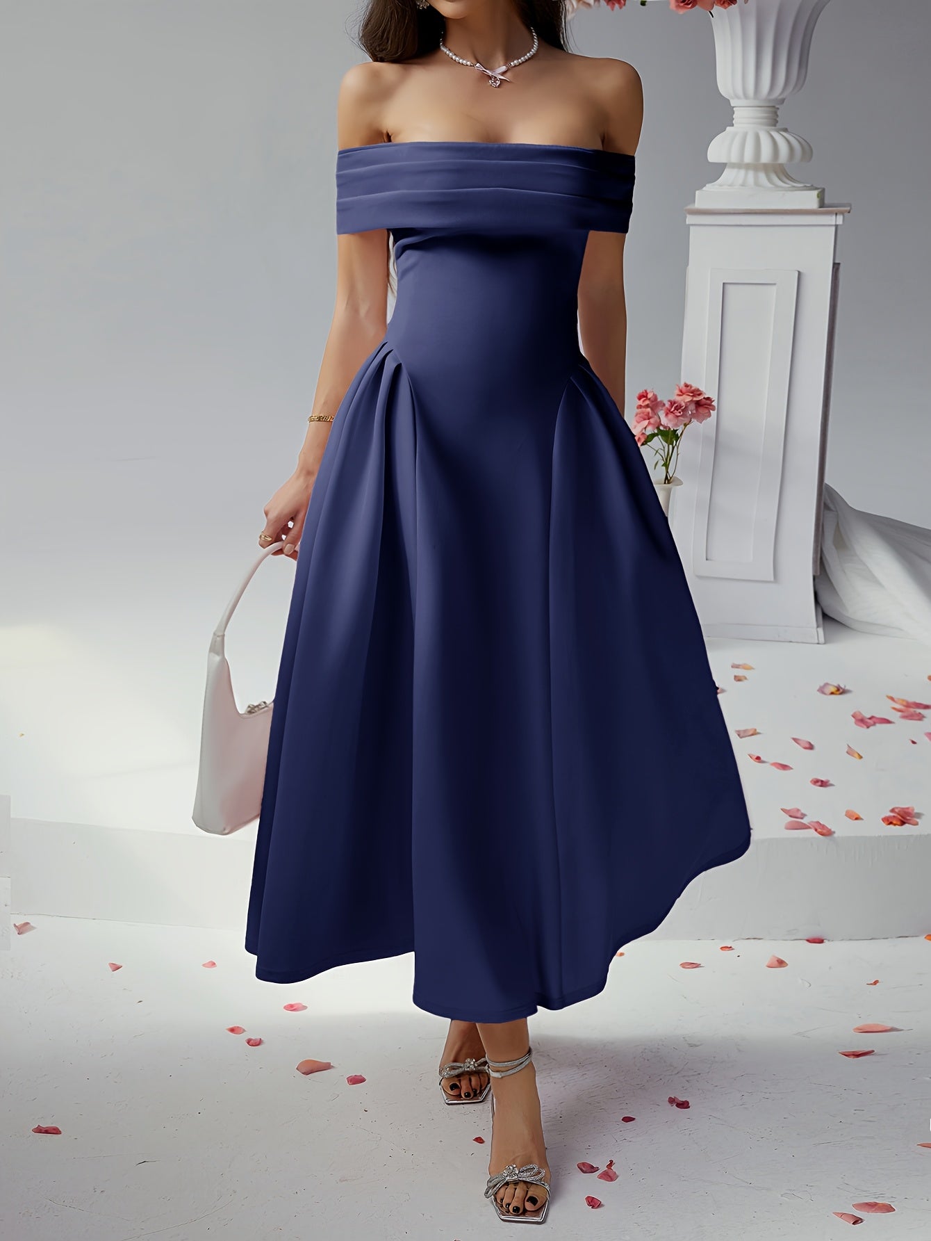 Elegant Pure Color High Waist Off Shoulder Midi Dress