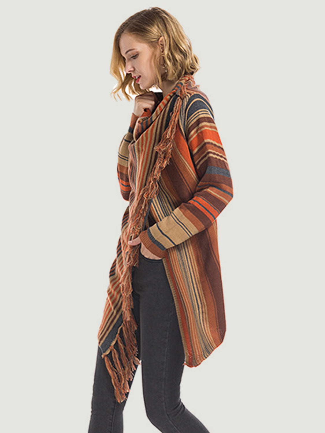 Tassel Striped Open Front Cardigan