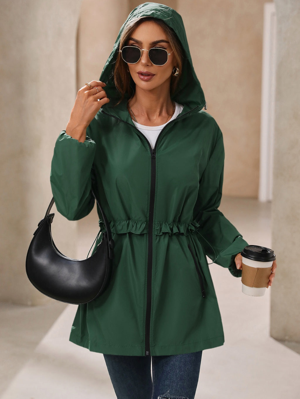 Waterproof Gathered Waist Hooded Jacket