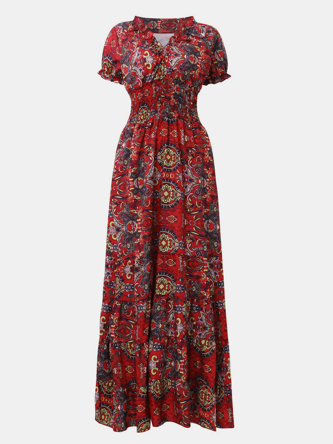 Floral Smocked Printed V-Neck Short Sleeve Maxi Dress