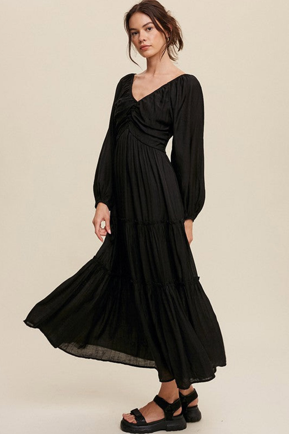 Long Sleeve V Neck Bowknot Cutout Frill Tiered Maxi Dress