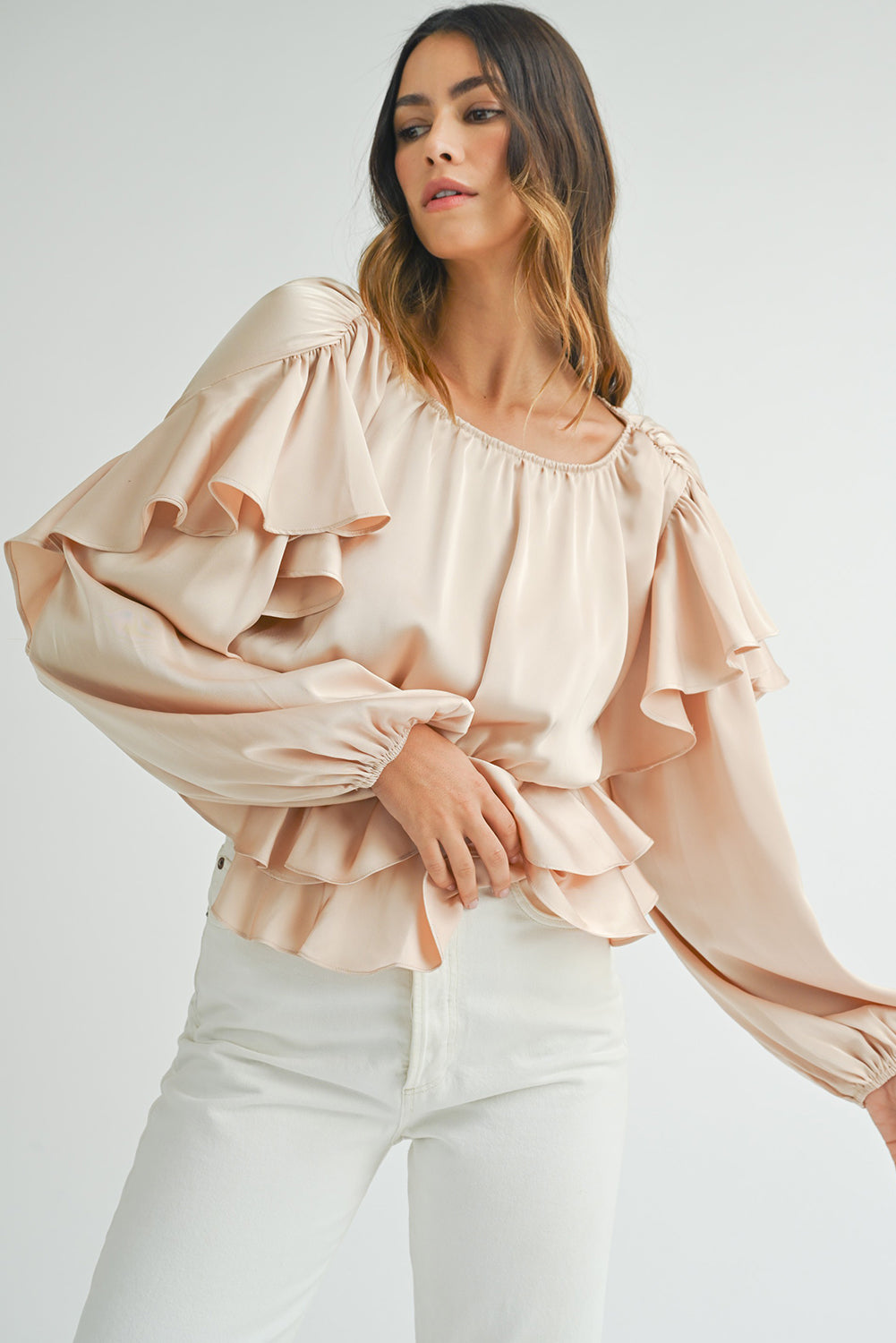 Oatmeal Ruffled Peplum Blouse