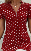 Women’s Polka Dot V-Neck Blouse – Elegant Zipper Front Short Sleeve Top Burgundy CJ Dropshipping Short Sleeve Dot Zip Front Top