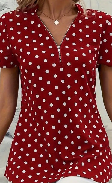 Women’s Polka Dot V-Neck Blouse – Elegant Zipper Front Short Sleeve Top Burgundy CJ Dropshipping Short Sleeve Dot Zip Front Top