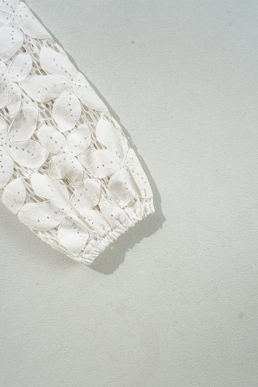 White Scalloped V Neck Hollowed Lace Lantern Sleeve Blouse