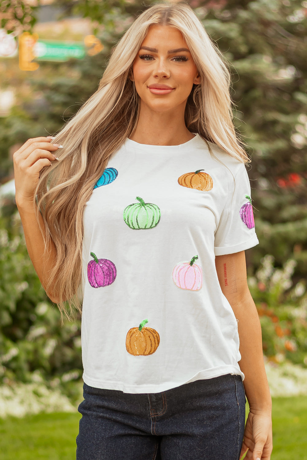 White Sequin Pumpkin Patched Cotton Blend T Shirt