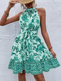 Grecian Print Tie Waist Dress Green Bazaare Mart Printed Tie Waist Mini Dress