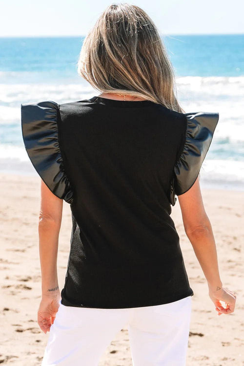 Black Leather Ruffle Sleeve Blouse Bazaare Mart Tops/Blouses & Shirts