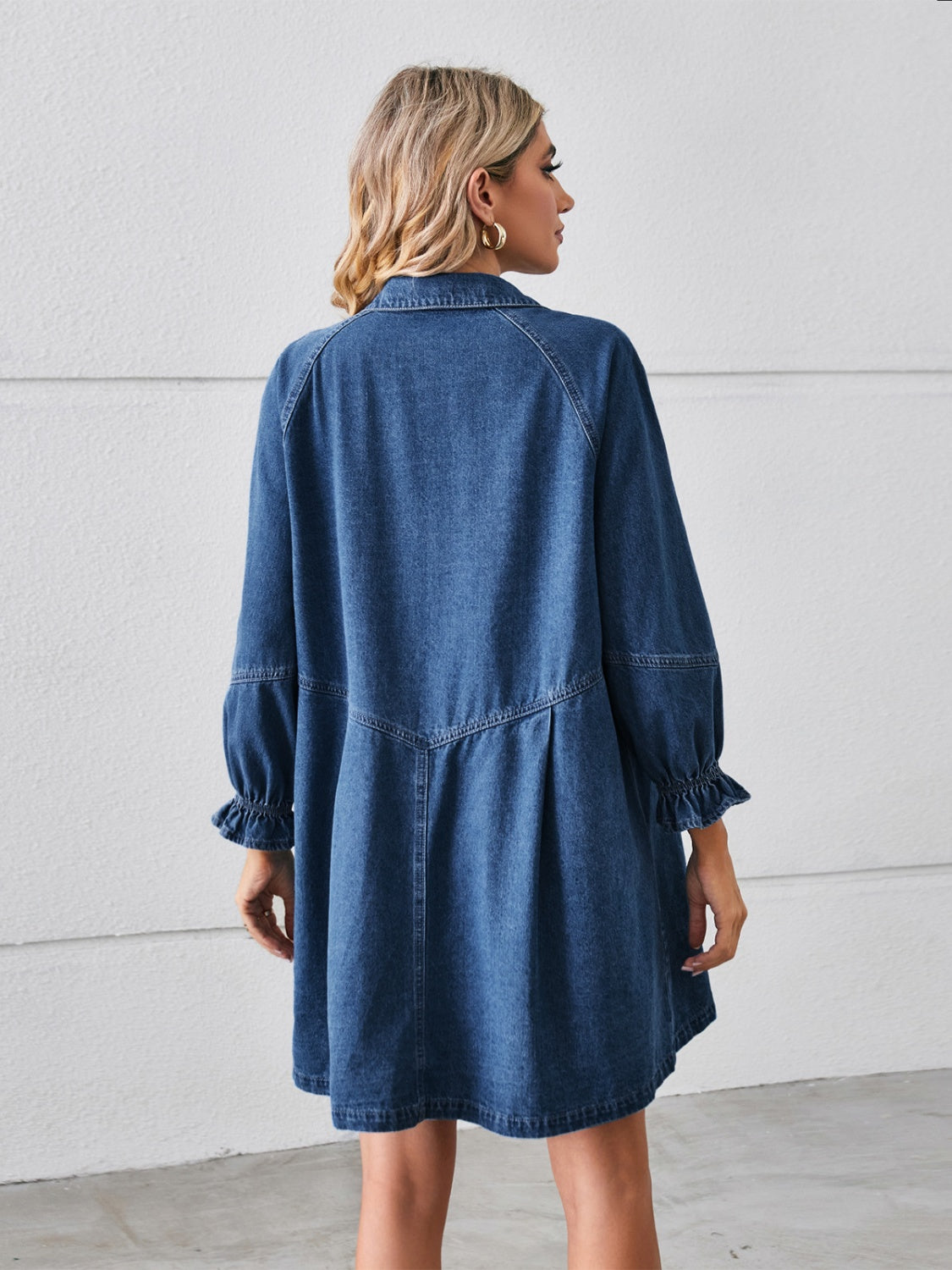 Button Up Flounce Long Sleeve Denim Dress