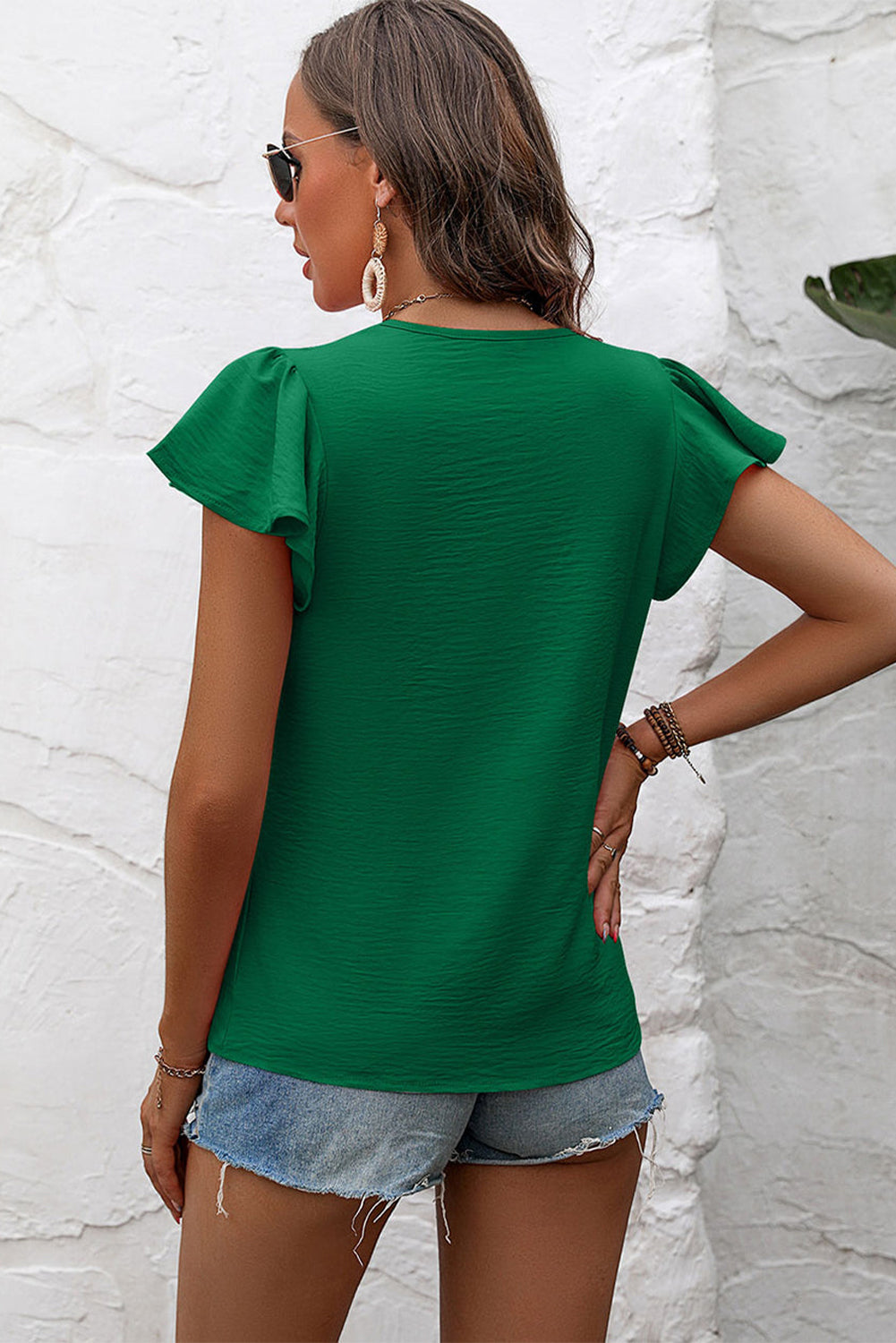 Dark Green Pleated Flutter Sleeve Blouse