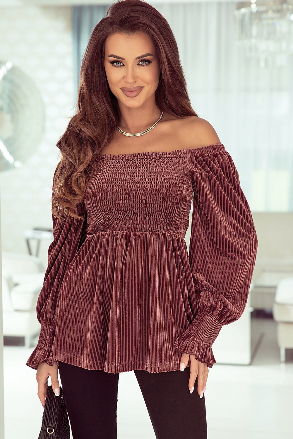 Pink Velvet Long Sleeve Peasant Top