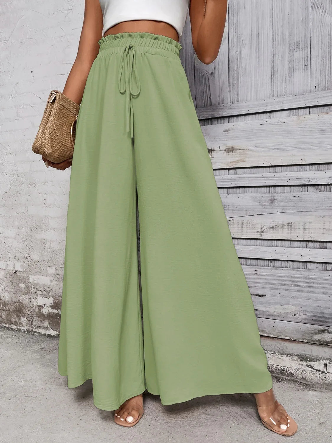 Tied High Waist Wide Leg Pants Light Green Bazaare Mart Extra Wide Leg Pants