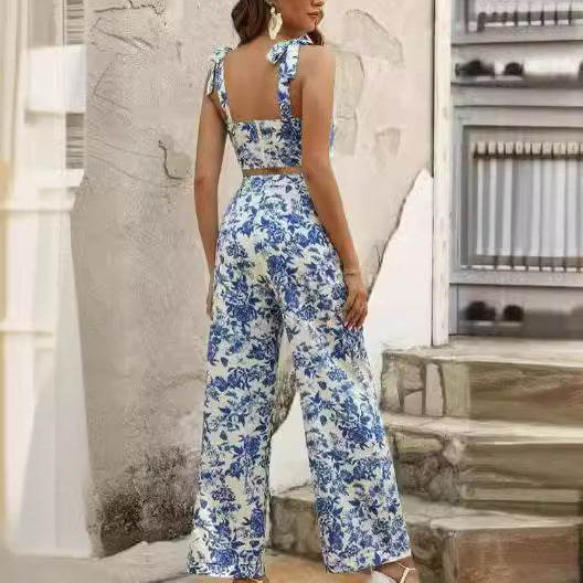 Women’s Rose Print Crop Cami & Wide Leg Pants Set – Elegant Printed Two-Piece Outfit CJ Dropshipping Sleeveless Floral Pants Outfit