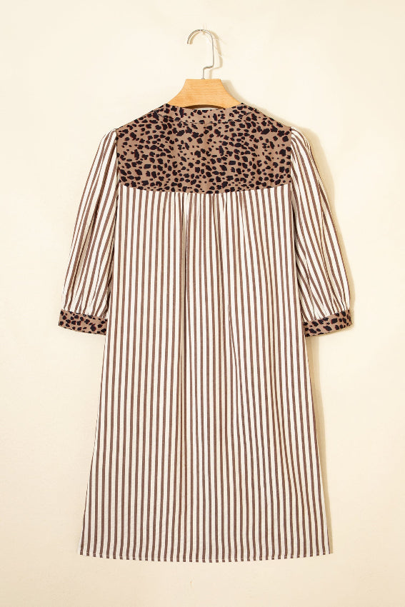 Khaki Stripe Leopard Trim Shirt Dress Bazaare Mart Dresses/Mini Dresses