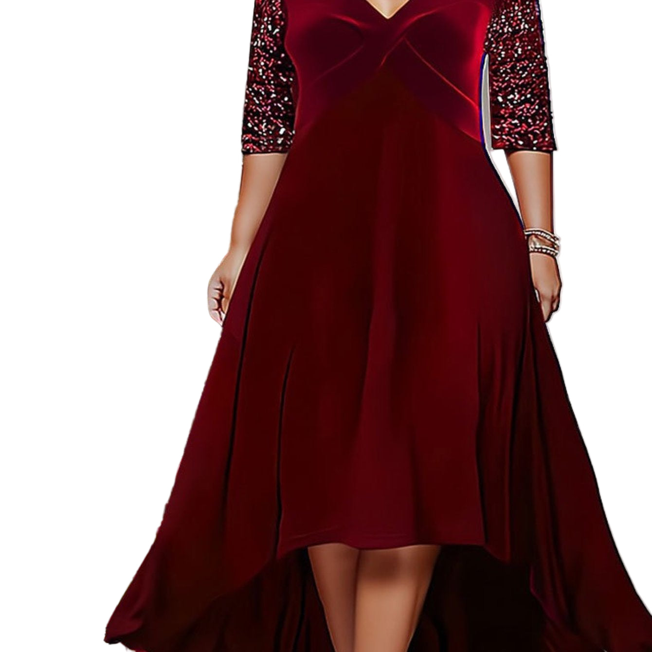 Elegant Sweetheart Neck 3/4 Sequin Sleeve Velvet High Low Midi Dress