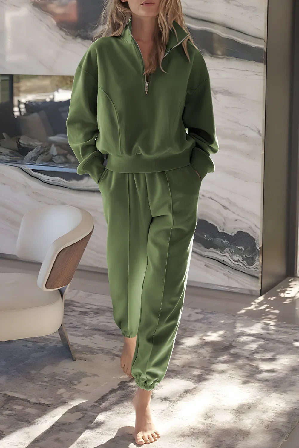 Sage Half Zip Pullover Active Top and Joggers Set Vineyard Green 50%Polyester+50%Cotton Bazaare Mart Two Piece Sets/Pant Sets