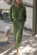 Sage Half Zip Pullover Active Top and Joggers Set Vineyard Green 50%Polyester+50%Cotton Bazaare Mart Two Piece Sets/Pant Sets