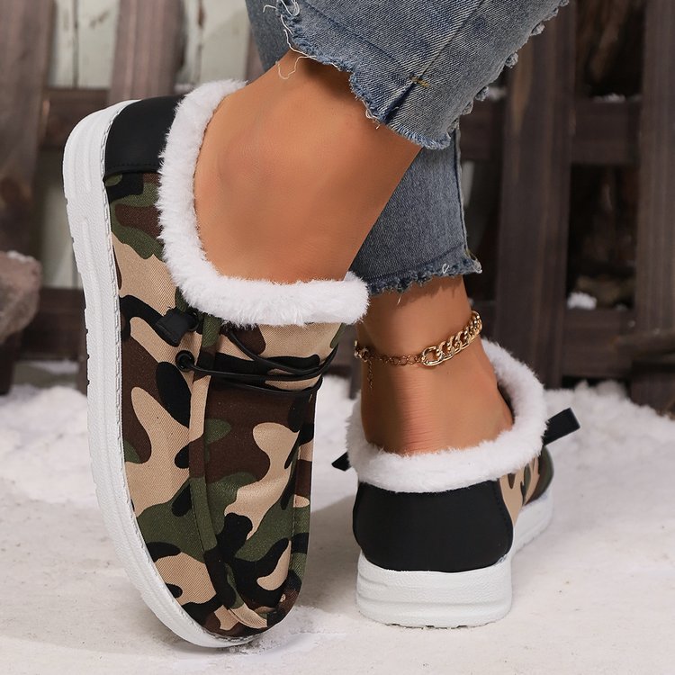 Green Camouflage Round Toe Fur Lined Slip On Shoes