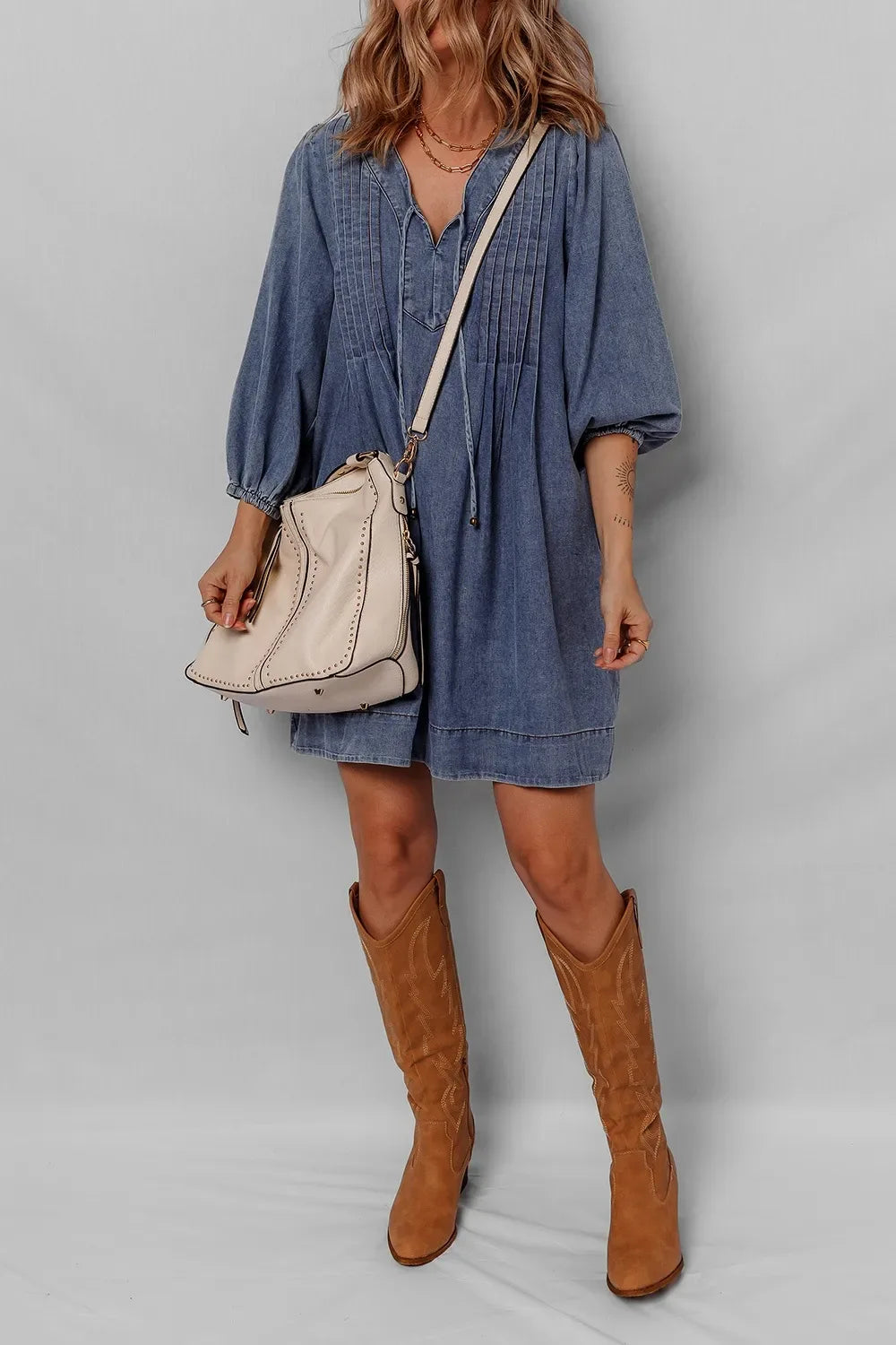 Tie Neck 3/4 Sleeve Mini Denim Dress Trendsi Denim Dress
