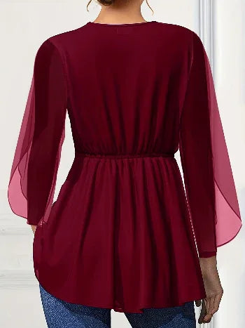 Chiffon V-Neck Peplum Blouse Bazaare Mart Plus Size/Plus Size Tops/Plus Size Blouses & Shirts