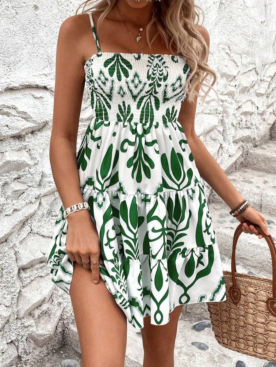 Women’s Plant Print Smocked Cami Mini Dress – Tiered Ruffle Spaghetti Strap Sundress Green CJ Dropshipping Floral Sun Dress