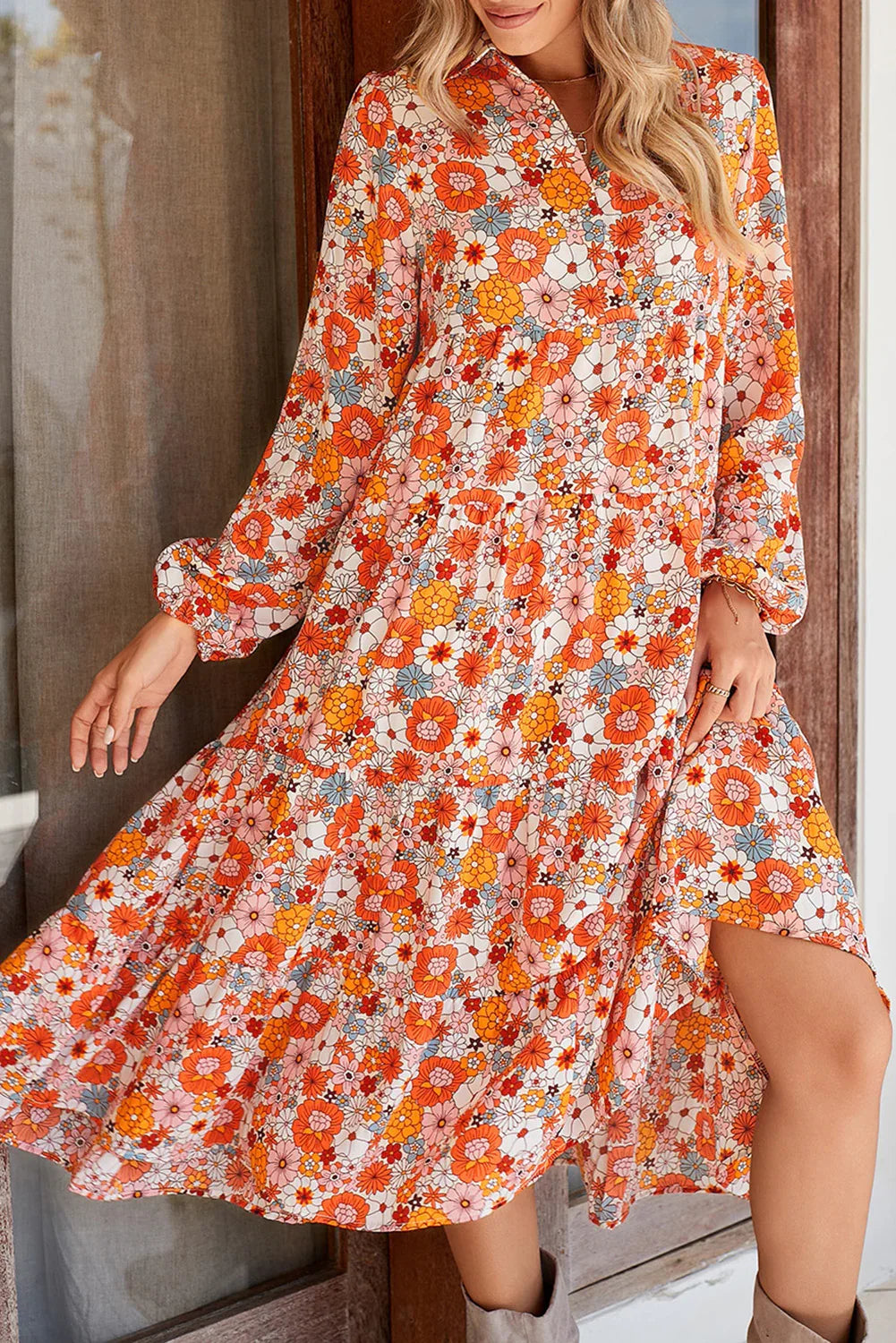 Orange Floral Collared Long Sleeve Dress Shewin 30% OFF