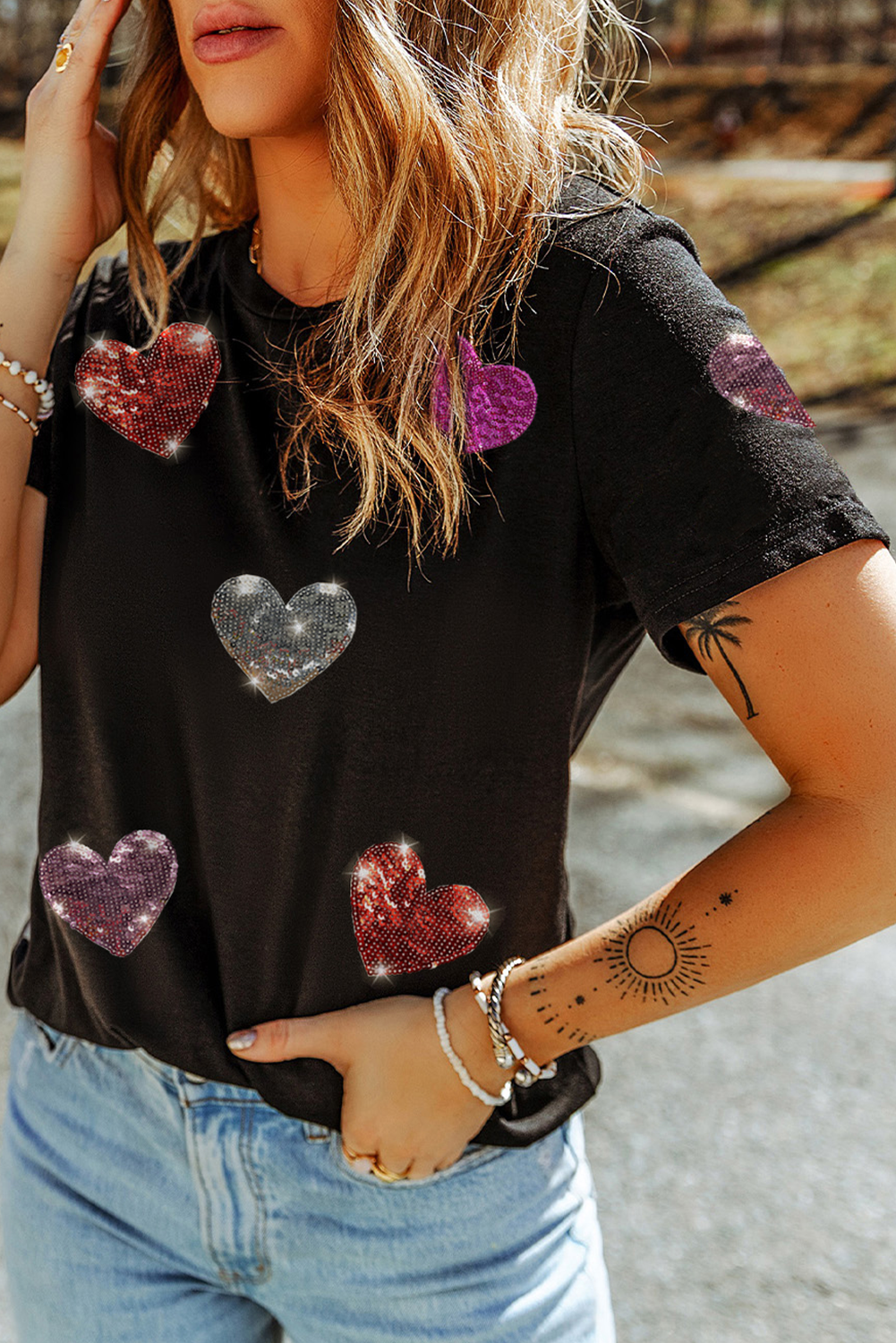 Black Sequin Heart Patch Tee