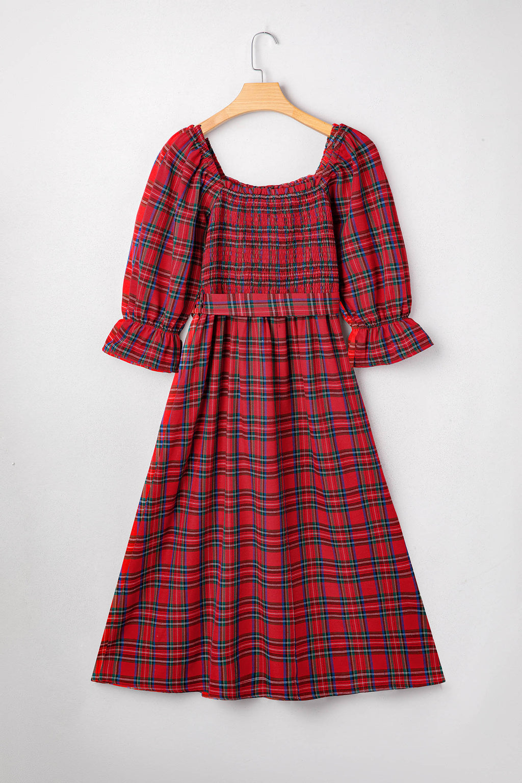 Tartan Plaid Square Neck Puff Sleeve Flared Midi Dress Bazaarre Mart Dresses/Maxi Dresses