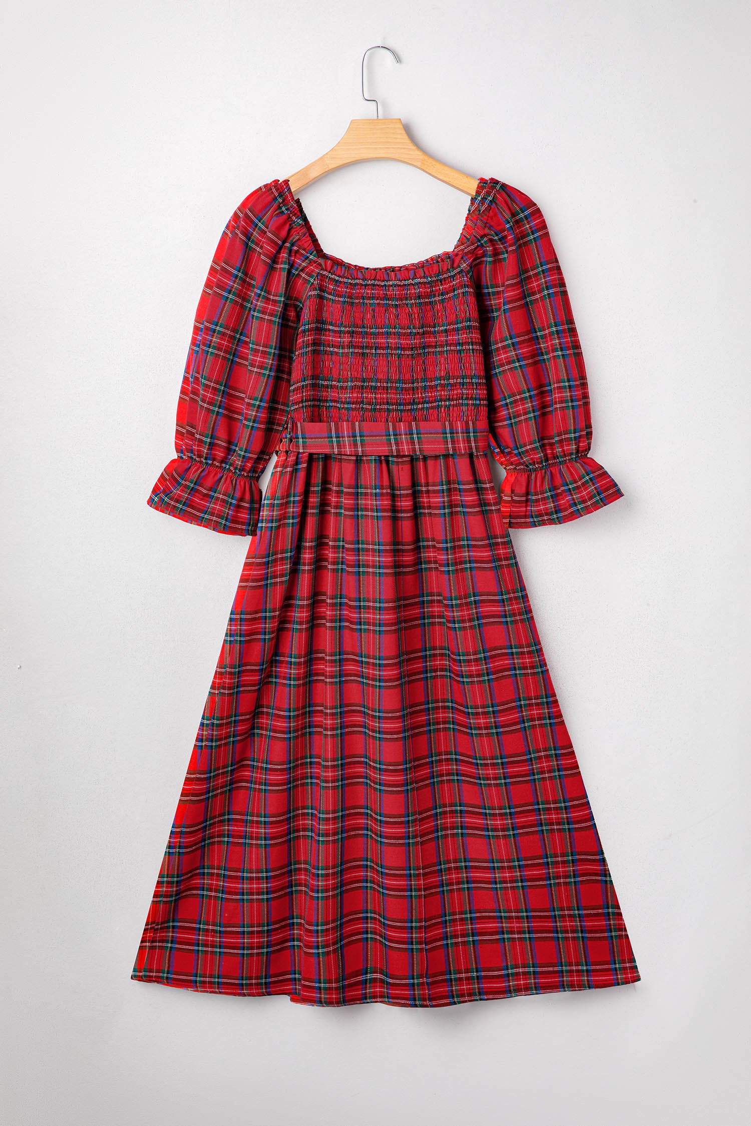 Tartan Plaid Square Neck Puff Sleeve Flared Midi Dress Bazaarre Mart Dresses/Maxi Dresses