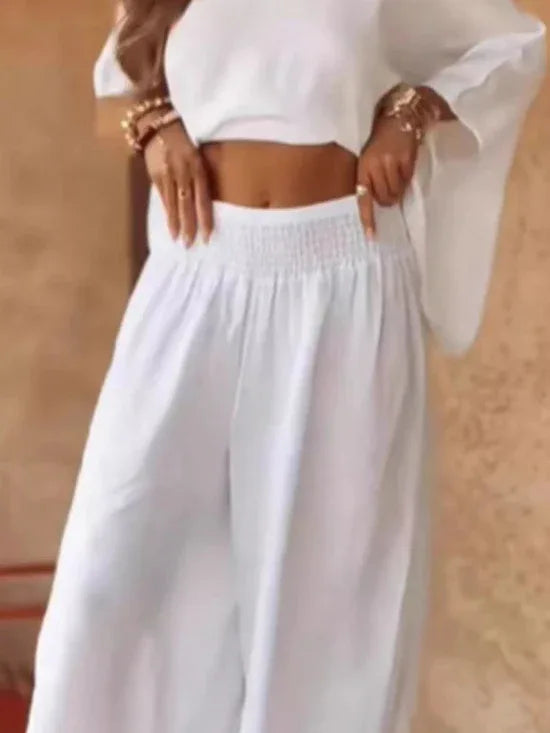 Boat Neck Top and Wide Leg Pants Set Bazaare Mart Wide Top and Pants Solid Color Outfit