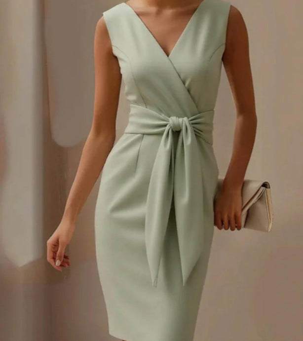 Elegant Slim Sleeveless Big Bow Dresses Satin green CJ Dropshipping Sleeveless Pencil Dress