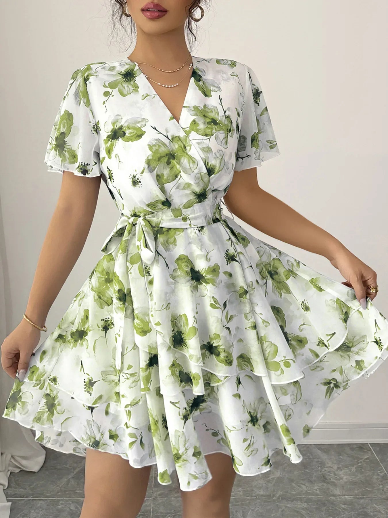 Printed Surplice Layered Mini Dress Bazarre Mart Printed Surplice Layered Mini Dress